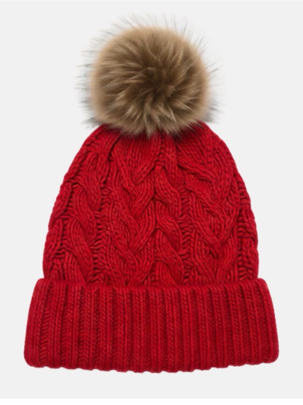 Cable Knit Pom Beanie - Red